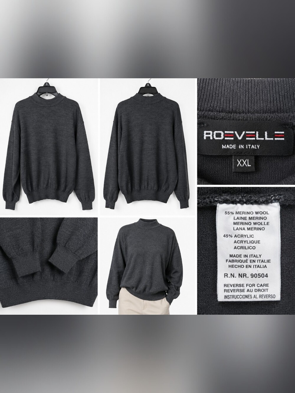 ROEVELLE Italy Merino Wool Sweater XXL Gray Mock Neck Knit Pullover Made Italy
